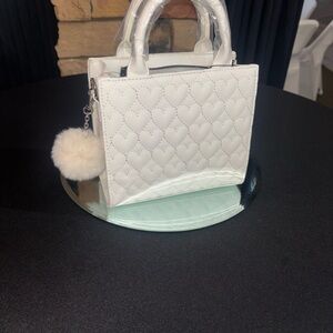White Quilted Heart-Pattern Handbag with Pom Pom